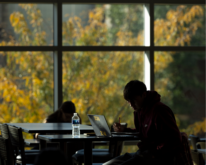 Student with laptop on campus.