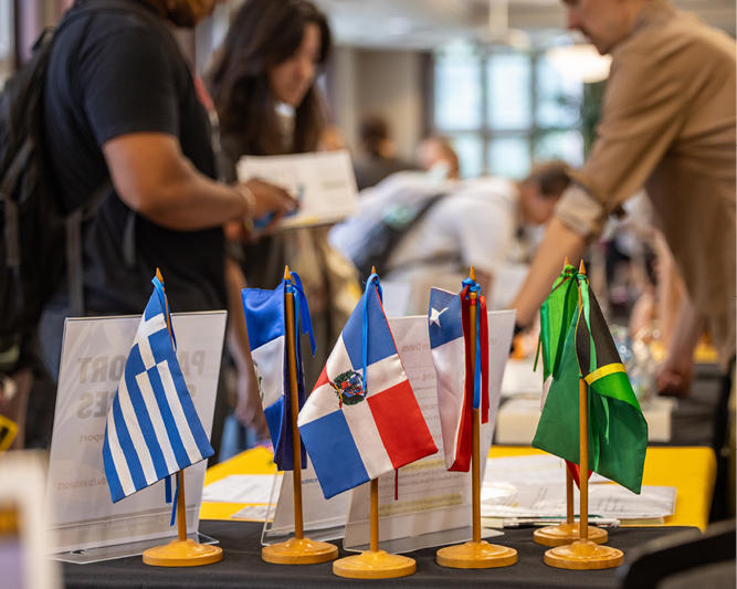 International flags on desk.