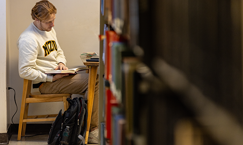 Student studying in library.