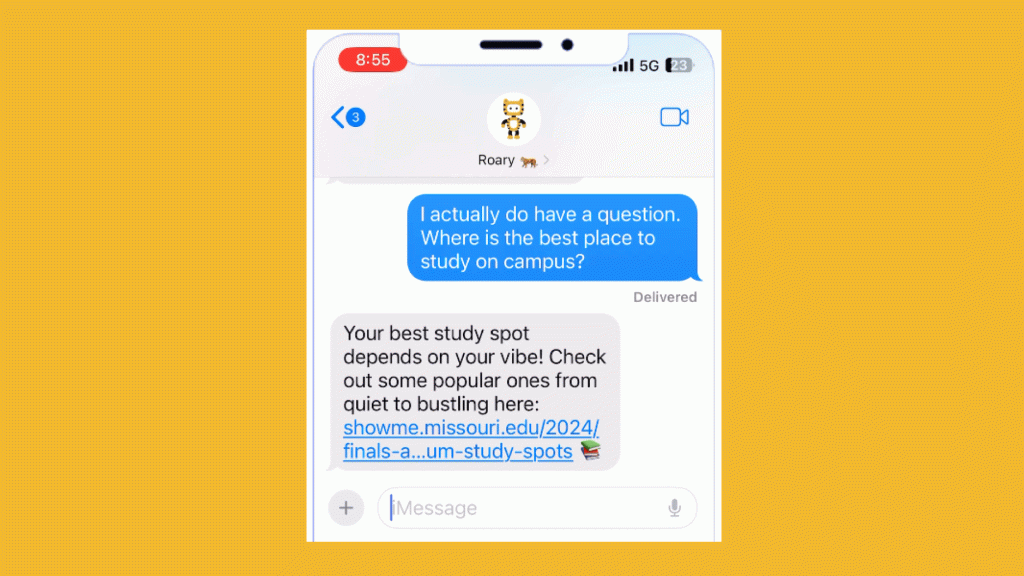 Screenshot of text conversation with Roary about study spots on campus