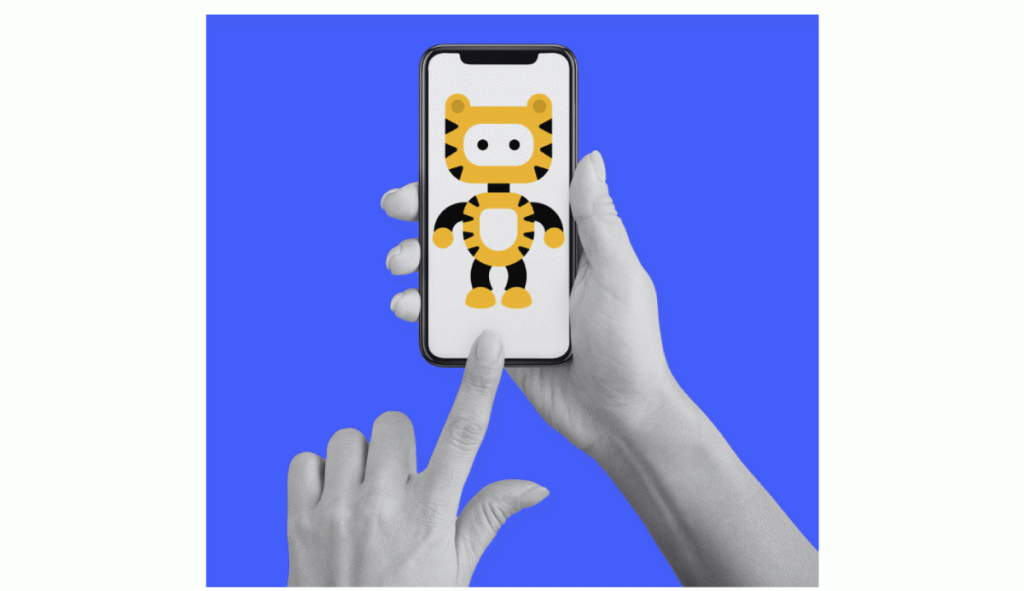 Hands holding phone showing Roary on screen