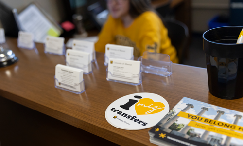 Student talking with person at the Student Success Center desk.