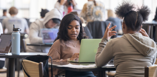 Students on campus on laptop.