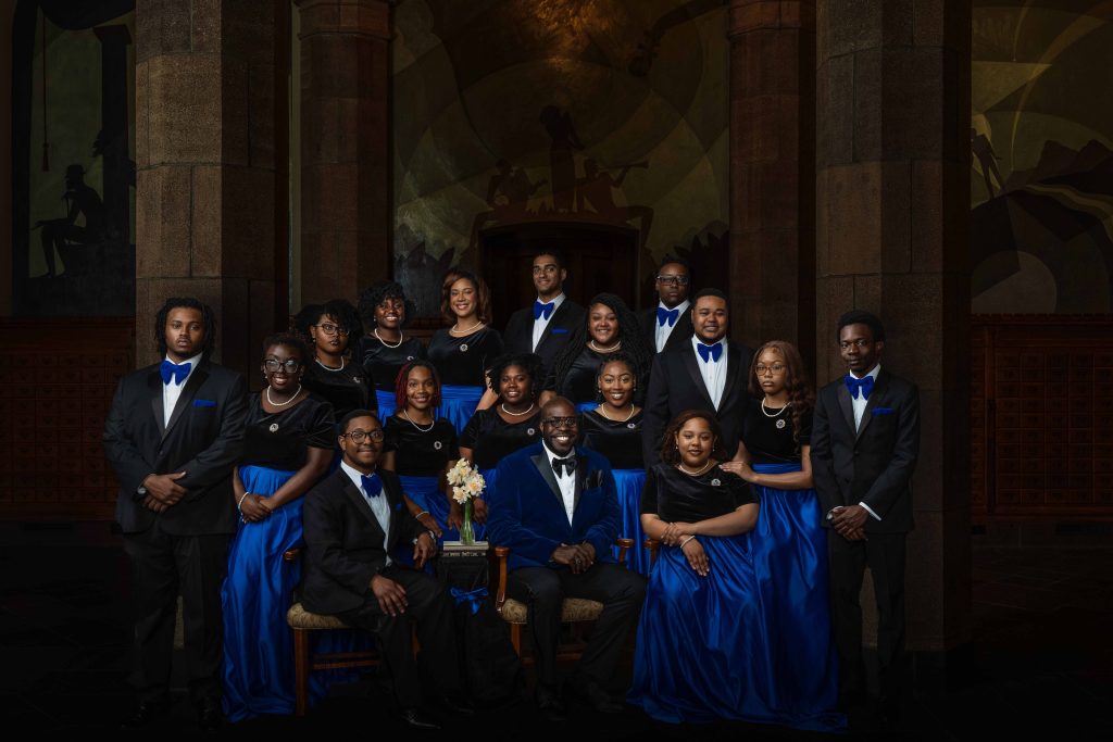 G. Preston Wilson, Ph.D. and the Fisk Jubilee Singers pose for an ensemble portrait.