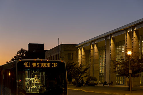 Tiger shuttle in front of Student Center.