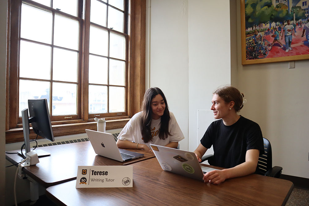 Student talking to Writing Center tutor.