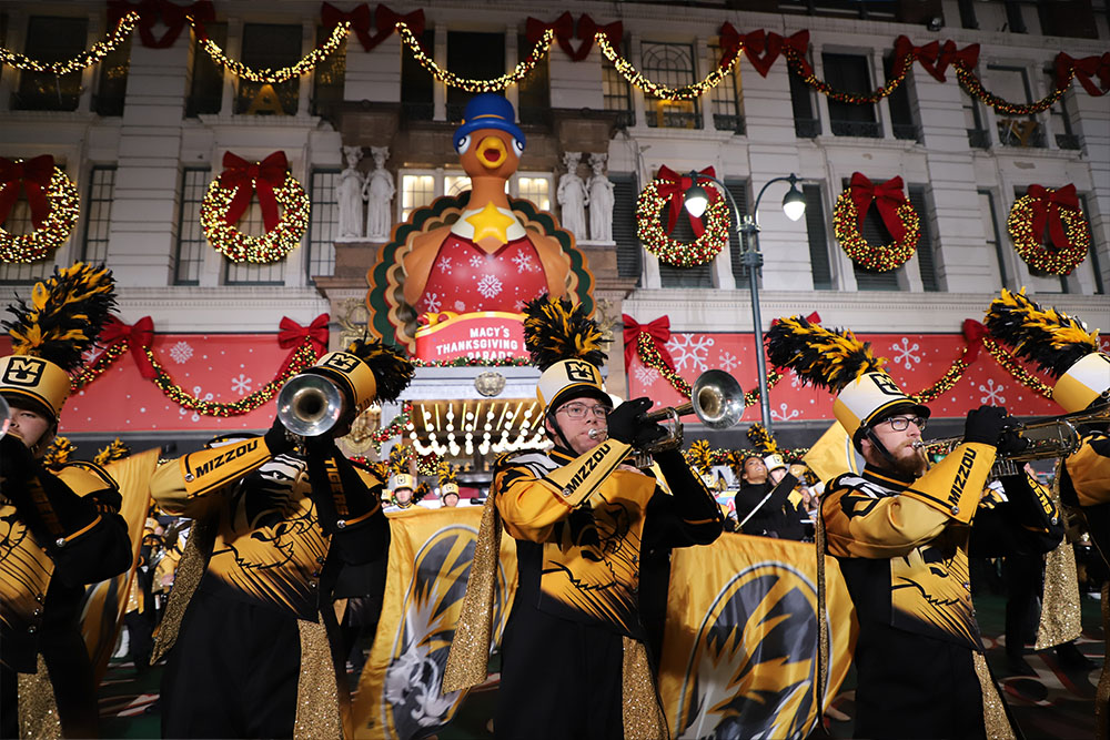Marching Mizzou performing in the Thanksgiving Day Parade.